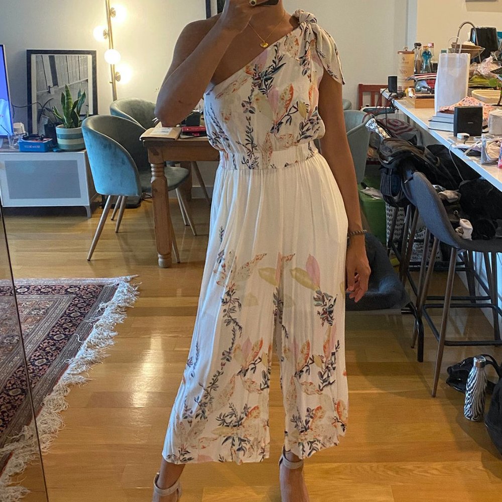 Free People White Floral One Shoulder Jumpsuit S